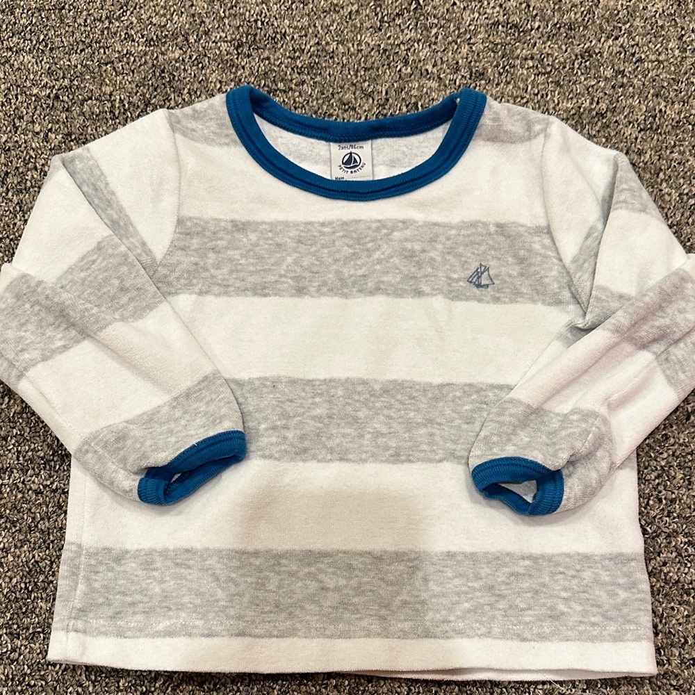 Fleece Gray and White Striped Long Sleeve Tee with Blue Trim